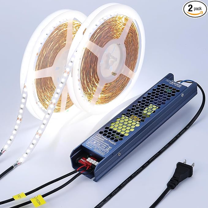 24V LED Strip Light Kit 65.6ft (2 Rolls of 32.8ft), 6000K Cool White Cuttable LED Tape Lights, SMD 2835 300W with Power Supply for Bedroom, Commercial, Kitchen, Living Room Ceiling