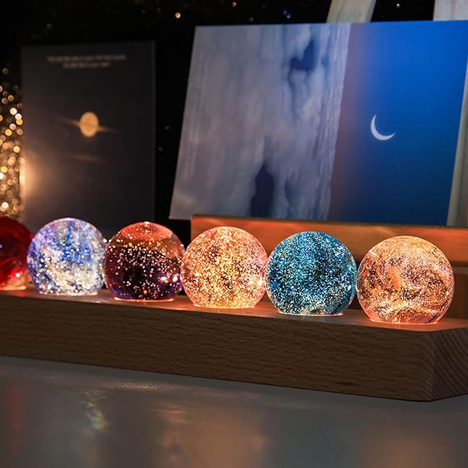 Movdyka 7 Colorful Glass Crystal Ball Desk ecorations Chakra Healing Stones Spheres with LED Wooden Stand, Quartz Crystal Meditation Night Light, Positive Energy Decor Gifts for Him Her -1.57"(40mm)