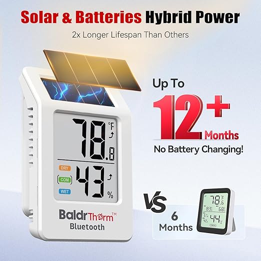 BaldrTherm Bluetooth Thermometer Wireless, Smart Thermometer with App Control, 200ft Coverage, Offline Storage, Trend Charts, Real-Time Alerts for Home, Pet Cage, Indoor/Outdoor Use, White, 2pack