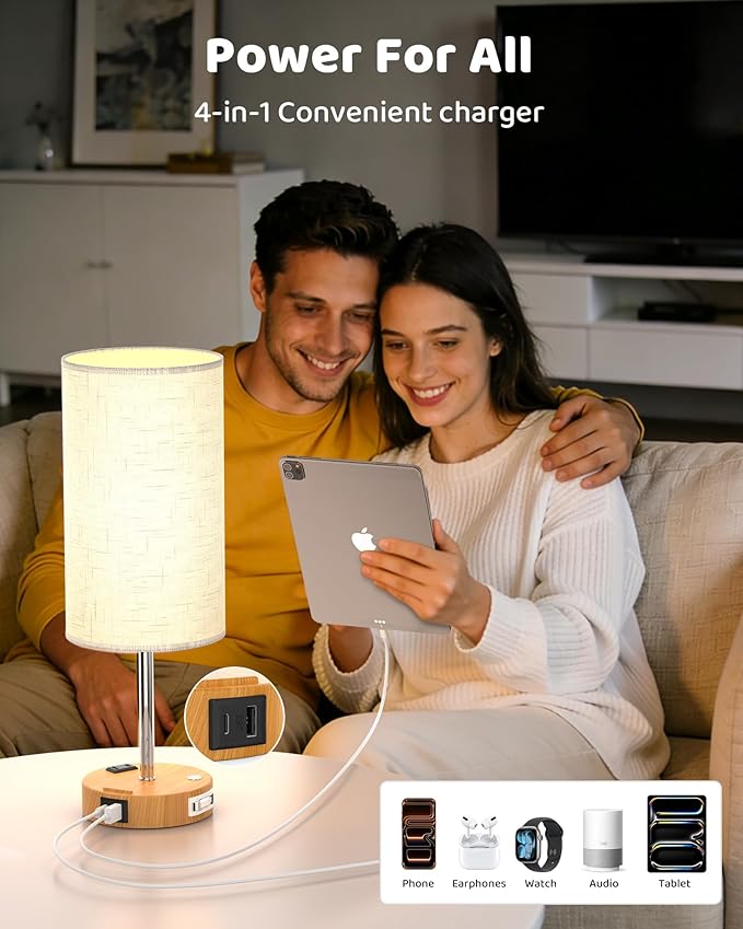 2026 Latest Bedside Table Lamp for Bedroom, 3 Way Dimmable Touch Lamp with Retractable Cable, USB-C & USB A Ports and AC Outlet, Phone Stand, Flaxen Fabric Shade for Nightstand Desk, LED Bulb Included
