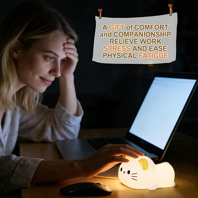 Cat Night Light & Lamp for Baby Nursery - Soft Lying Kitty Nightlight, Dimmable and 7 RGB Colors, Switchable Animal Sound,Rechargeable BPA-Free,Good for Room Decor,Valentines Day, Holiday Gifts