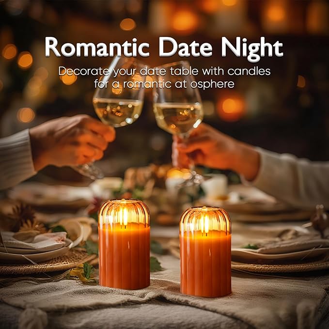 Homemory Glass Flameless Candles, Battery Operated Plliar Candles Realistic Flickering, LED Electric Light with Remote and Timer for Home, Christmas Decoration, Orange, Set of 2