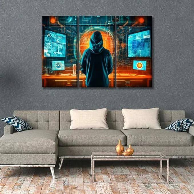 3 Panel Framed Wall Art Anonymous Hacker,Vulnerability of a Network, Data Thief Poster for Computer Room Wall Decoratio, Concept Art Gallery-Wrapped Ready to Hang 20x40inchx3