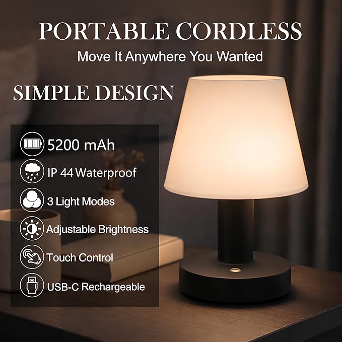 Cordless Table Lamp, Rechargeable Table Lamp, Waterproof Shower Lamp, 5200mAh Small Table Lamps, 3-Color Dimmable Touch Light, Portable Outdoor and indoor table lamp, Bedside night light (Black)