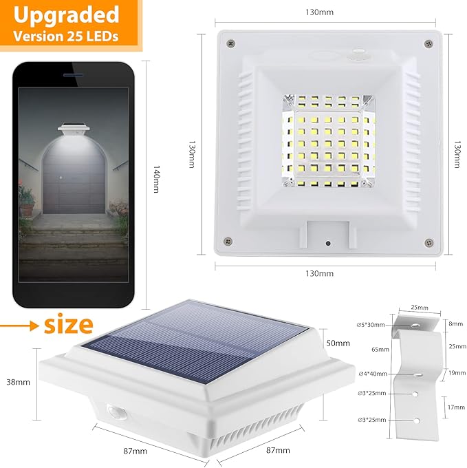 KEENZO Outdoor Solar Lights - Gutter Lights 4pcs,Solar-Powered LED Wall/Fence/Step/Deck Lights with 25 Cool White LED,Outdoor Waterproof Lighting for Garden,Patio,Backyard,Pathway and Eaves Wall