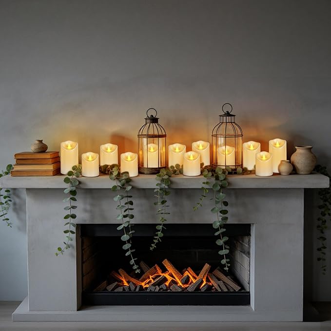 Outdoor Flameless Candles, Patented 3D Dual-LED, Set of 9 Slanted Resin Pillars with 2 Remotes, Pure White Waterproof Non-Melting Battery Operated Large Set for Modern Fireplace, White