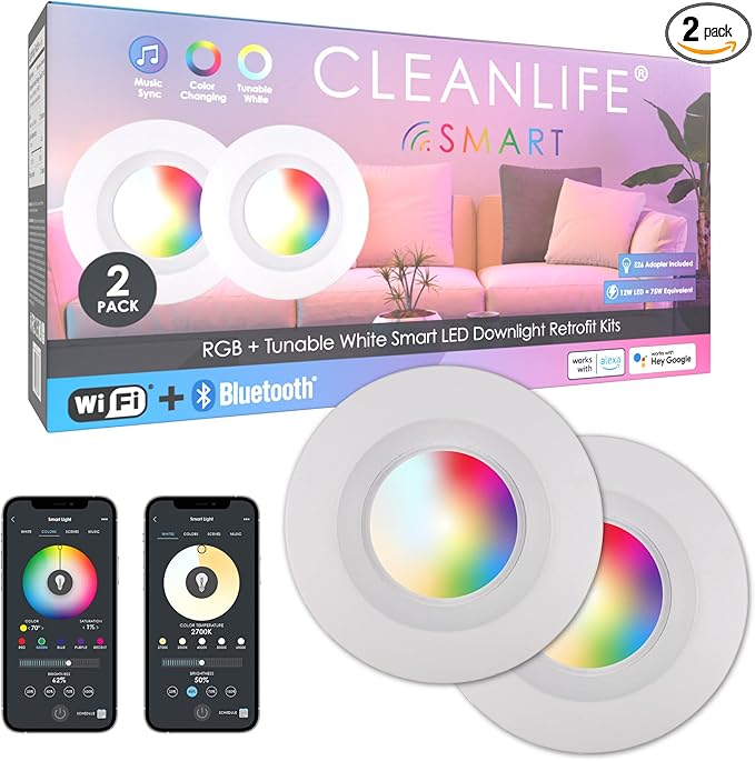 CLEANLIFE 2-Pack Smart LED Recessed Lighting Retrofit Downlight RGB + Tunable White Color Changing Bluetooth + WiFi Dimmable LED Can Lights Fits 5 and 6 inch - 12W, 65W Equivalent, App Enabled