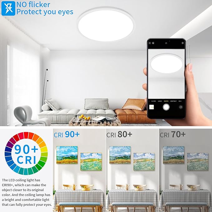 24 Inch Flush Mount Ceiling Light Fixture - 56W Dimmable LED Ceiling Light with Remote, 5600lm, 3000K/4500K/6000K Adjustable LED Kitchen Ceiling Lamp for Bedroom, White