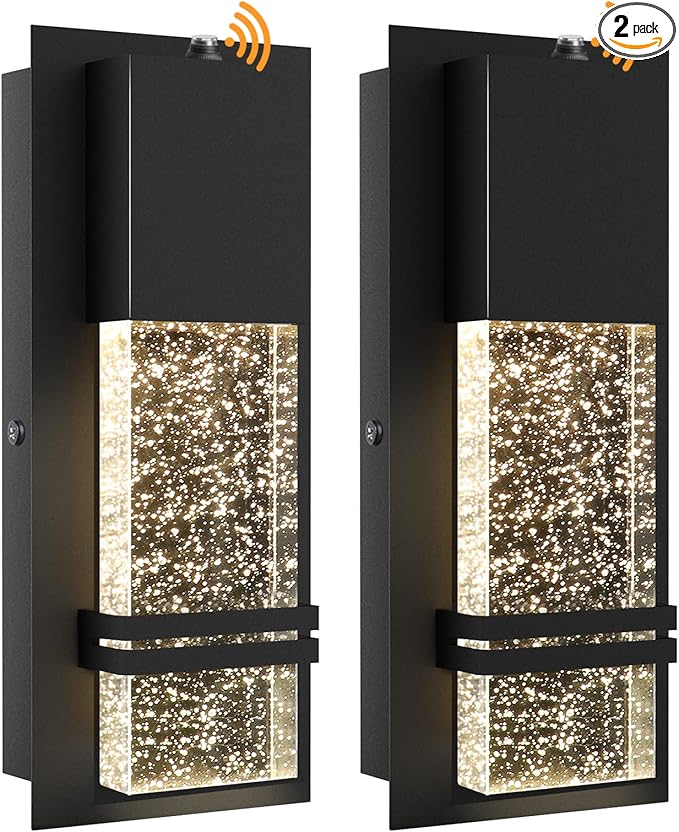 PARTPHONER LED Dusk to Dawn Outdoor Light Fixture Exterior Wall Sconces Porch Light 2 Pack Outside Wall Lights with Crystal Bubble Glass 12W Lumen 3000K for Doorway Garden Hallway Patio Living Room