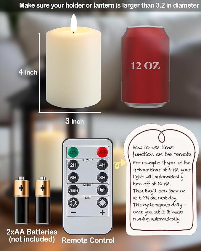 3"x4" Flickering Flameless Candles with Remote Timer, Real Wax, Ivory Pillar Candles, Set of 3 Fake LED Battery Operated Candles for Home, Fireplace, Centerpiece, Rustic and Farmhouse Decor