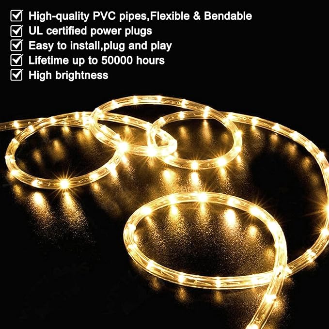 SURNIE LED Rope Lights Outdoor Warm White, Waterproof 100FT Cuttable 3000K Soft Lighting Indoor 110V Connectable Flexible Clear Tube for Bedroom Outside Garden Deck Patio Camping Decor, Not Flat Strip
