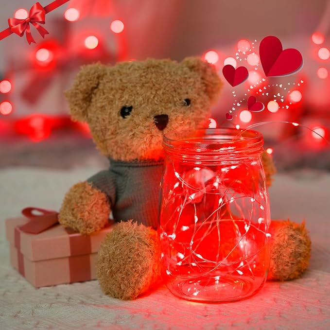 JMEXSUSS 4 Pack 50 LED Red Fairy Lights Battery Operated, 16.1ft Christmas Fairy Lights, Red String Lights for Bedroom Wedding Party Holiday Decorations
