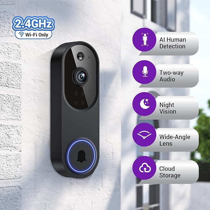 1080p Smart Wi-Fi Doorbell Camera with Doorbell Receiver, AI Motion Detection, Night Vision, Cloud Storage, 2 Way Audio, Battery Powered, 2.4GHz Wi-Fi Only