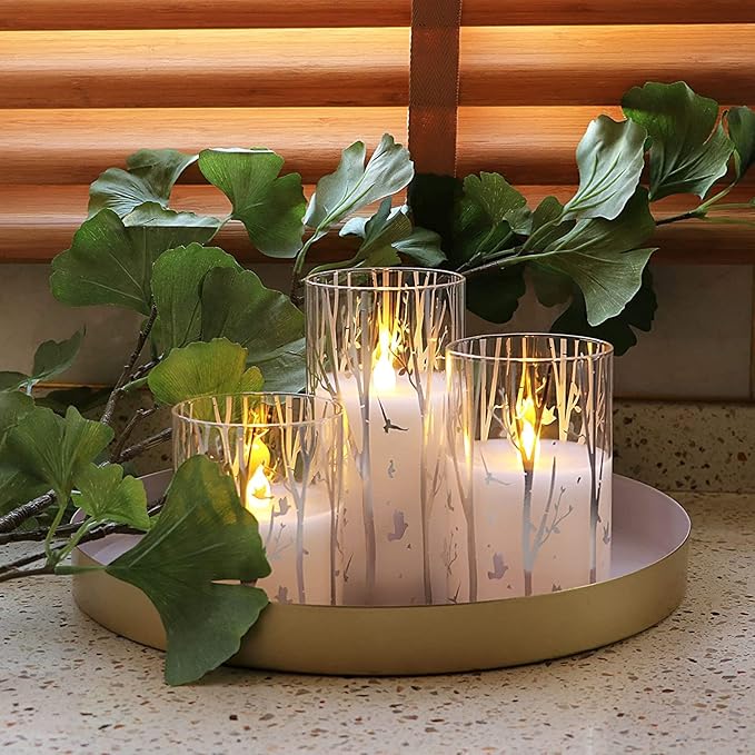 Rhytsing Birch Design Glass Battery Operated LED Candles with Timer, Flameless Pillar Candles Spring & Summer Decor- Include 6 Batteries
