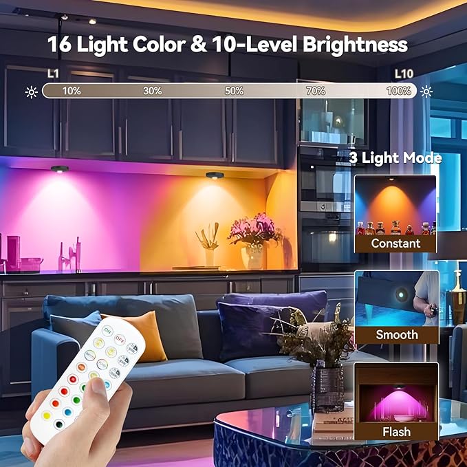 Rechargeable Puck Lights with Remote, 6 Pack Magnetic Under Cabinet Lighting, 1500mAh Battery Operated LED Tap Lights with Dimmer & Timmer for Kitchen, Closet, Shelf - 3 Color Temps & 12 RGB, Black