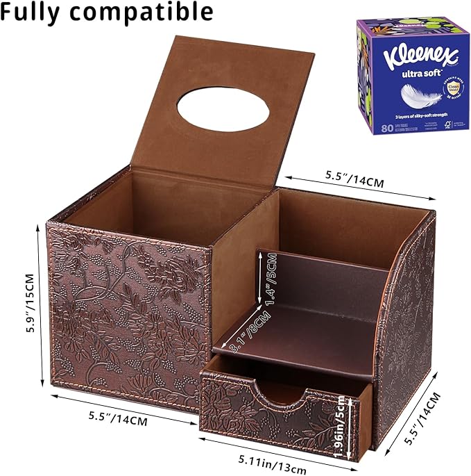 YAPISHI Square Tissue Box Cover with Storage Drawer, PU Leather Facial Tissues Cube Boxes Holder Modern Makeup Remote Control Holder, Nightstand Organizer Caddy for Bathroom Vanity, Office, Home Decor