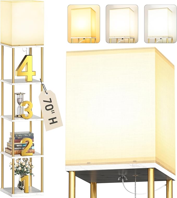 addlon 5-Tier Floor Lamp with Shelves, Standing Lamp with 3 Color Temperature, Corner Display Nightstand Lamp for Living Room, Bedroom and Office (70'' H, Gold&White)