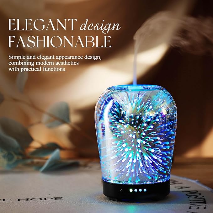 Porseme Essential Oil Diffuser, Aromatherapy Ultrasonic Cool Mist Humidifier, 3D Effect Glass, Auto Shut-Off, Timer Setting,100ml Aroma Decoration for Home, Office, Gym, Spa, Premium Gift