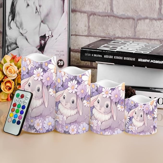 Cute Bunny Puprle Daisy Flickering Flameless Candles with Remote LED Pillar Candles Battery Operated with Timer Color Changing Electric Candles Easter Decoration