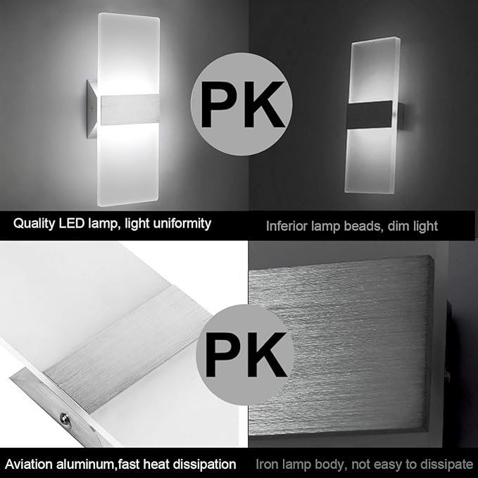 ChangM Modern LED Acrylic Wall Sconce 12W Cool White 6000K Up Down Lamp for Bedroom Corridor Stairs Bathroom Indoor Lighting Fixture Lamps Home Room Decor Not Dimmable No Plug(1 Pack)