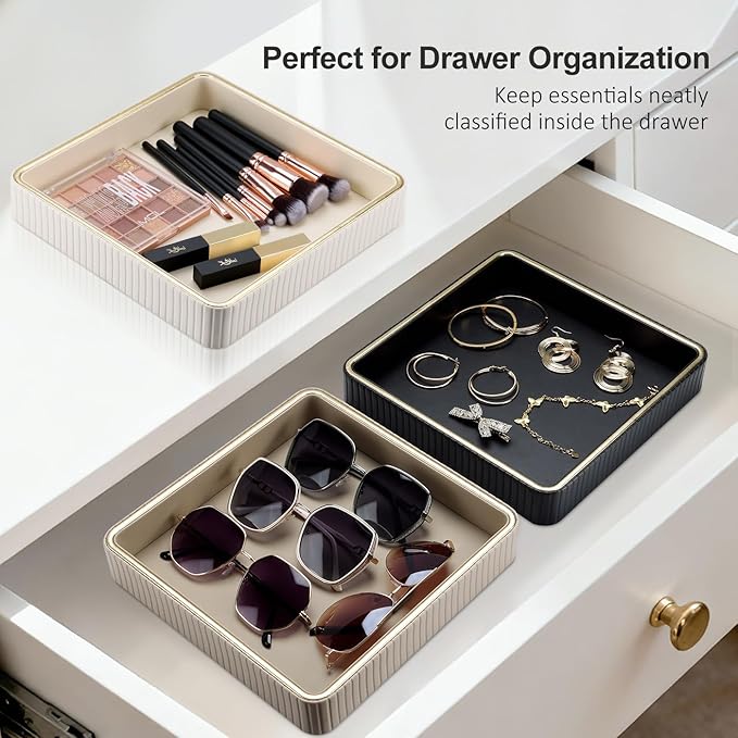 GORESE Square Nightstand Tray Perfume Organizer, Leather Decorative Tray, Purse Bowl Catch All Trays for Trinket Keys, Valet Jewelry Trays for Vanity, Gift for Women & Men, Cream White(9.3'' × 9.3'')
