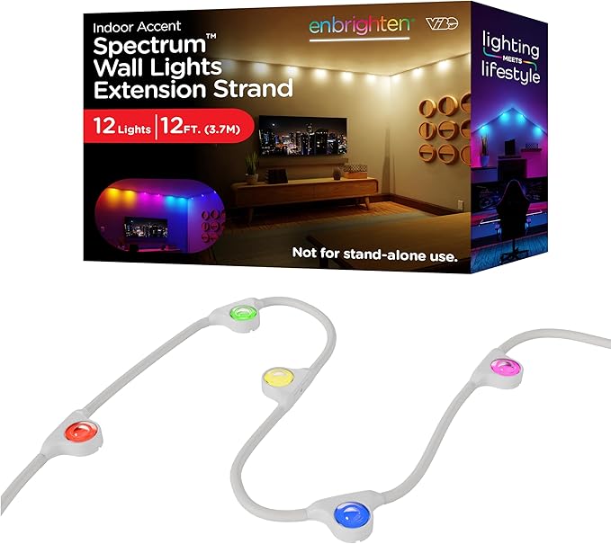 Enbrighten Vibe Spectrum Smart LED Wall Lights Indoor String Downlights Extension Only, Not for Standalone Use, 12ft with 12 Lights, RGB Light, Compatible with Alexa & Google Home, Music Sync, 85839