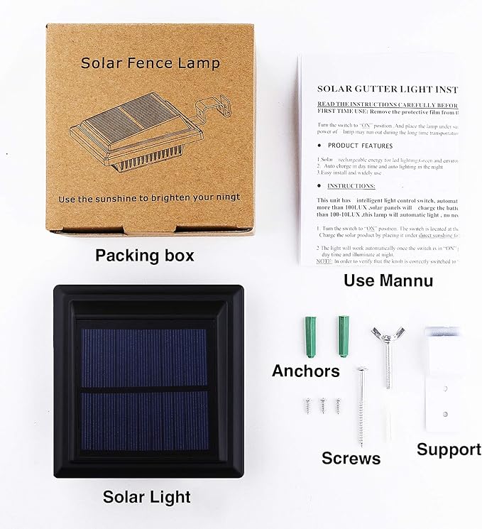 KEENZO Solar Powered Gutter Lights Waterproof Outdoor Dusk to Dawn 25 LED Deck Fence Wall Stair Step and Yard Cool/Warm White LED Eaves Garden Landscape Pathway (Cool White Light_4 PCS, Black)
