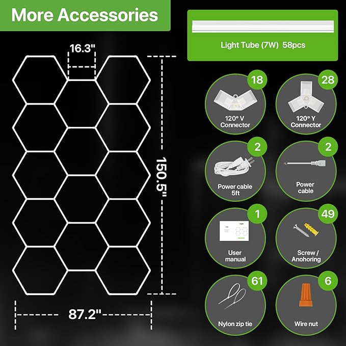 Glitgate Hexagon Garage Lights, 399W 43890LM, 14 Grid LED Shop Light, 6500K Daylight White Hex Lights for Garage, Gym, Basement, Workshop, Super Bright Ceiling LED Lights