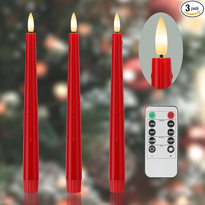 Red Flameless Taper Candles 9.6" Christmas LED Candles Real Wax with Remote Timer, Battery Operated LED Candles Set with 3D Flickering Flame, Classic Flickering Candlesticks for Home, Party, 3 Pack