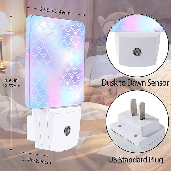 Colorful Mermaid Scales Night Light Plug in Wall Lamp Smart Dusk to Dawn Sensor for Home Decorative, Kids Room Bedroom Bathroom Kitchen Hallway Gifts