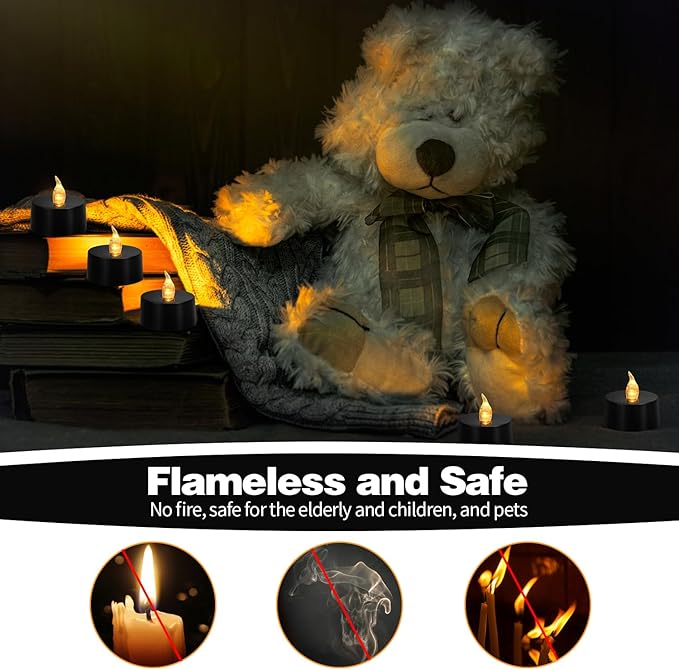 KOABY 50 Pack Warm Yellow Light Non-Flickering Flameless Tea Lights, Black Base, Last 100H+, Battery Operated Tea Lights for Decor