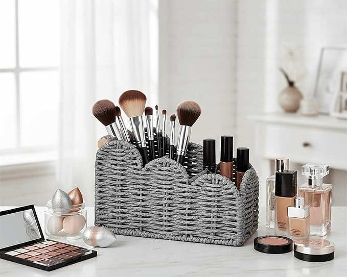 CubesLand Bedside Table Desk Organizer Caddy, Remote Pen&Pencil Holder Cup, Makeup Brush Holder w/Scalloped Perfect for Home, Office Desk, Living Room Table Decor, 3 Slots Grey