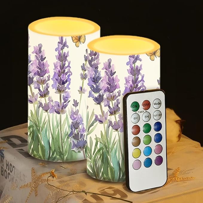 Lavender Flameless Candles 2 Pack 6 x 3 inch Battery Operated Candles with Multicolor Timer Remote Control LED Fake Candles for Warm Light Dinner Table Home Decor