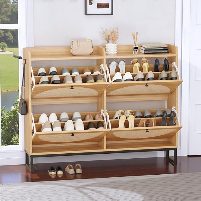 COMHOMA Shoe Storage Cabinet, Slim Rattan Shoe Cabinet Storage with Flip Drawers, Hidden Narrow Shoe Cabinet for Entryway Hallway（Natural Rattan Wood）