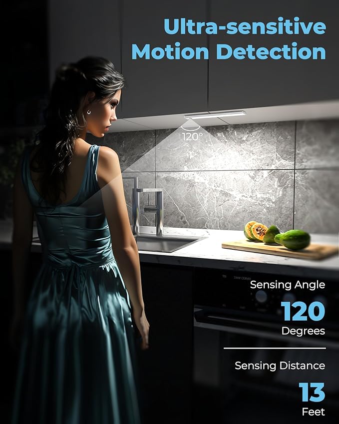 ASOKO Under Cabinet Lights Motion Sensor Light Indoor 2500mAh Rechargeable LED Closet Lights Battery Operated Under Counter Lights for Kitchen Cabinet Lighting Wireless(White,3Pack-12inch)