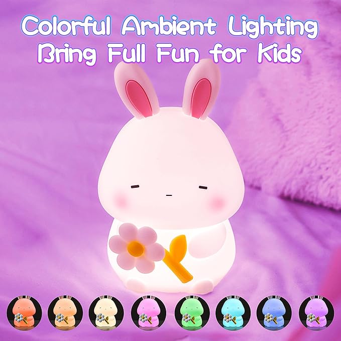 Cute Bunny Night Light for Kids, 7 Colors Squishy Silicone Touch Lamps, 3 Level Dimmable Rabbit Nursery Nightlight, 1200mAh Rechargeable Easter Gifts for Baby Toddler Girls Boys Room Decor