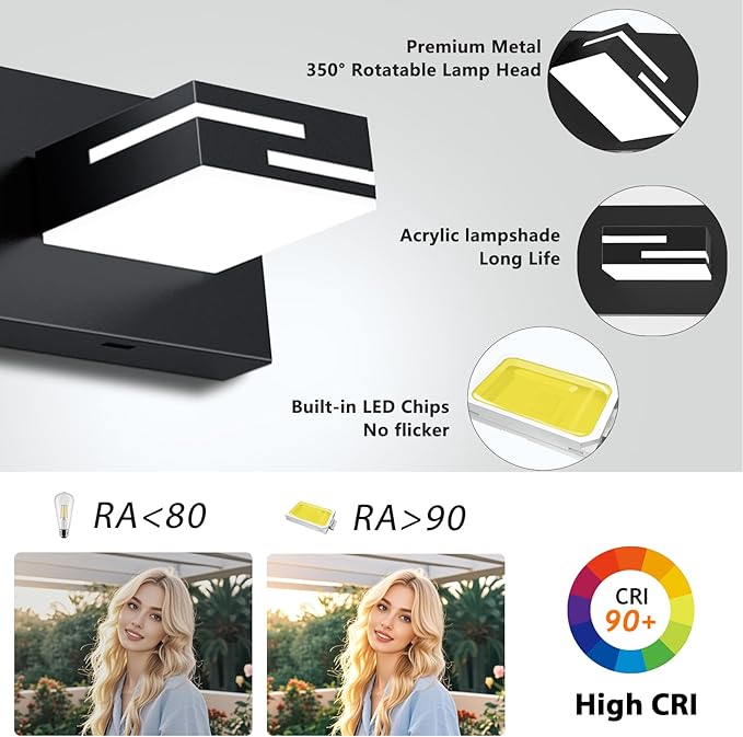 LED Modern Bathroom Vanity Light Fixtures 3-Light 5CCT Dimmable Matte Black Vanity Lights for Bathroom Lighting Fixtures Over Mirror, with 350° Rotatable Acrylic Heads, 22-inch