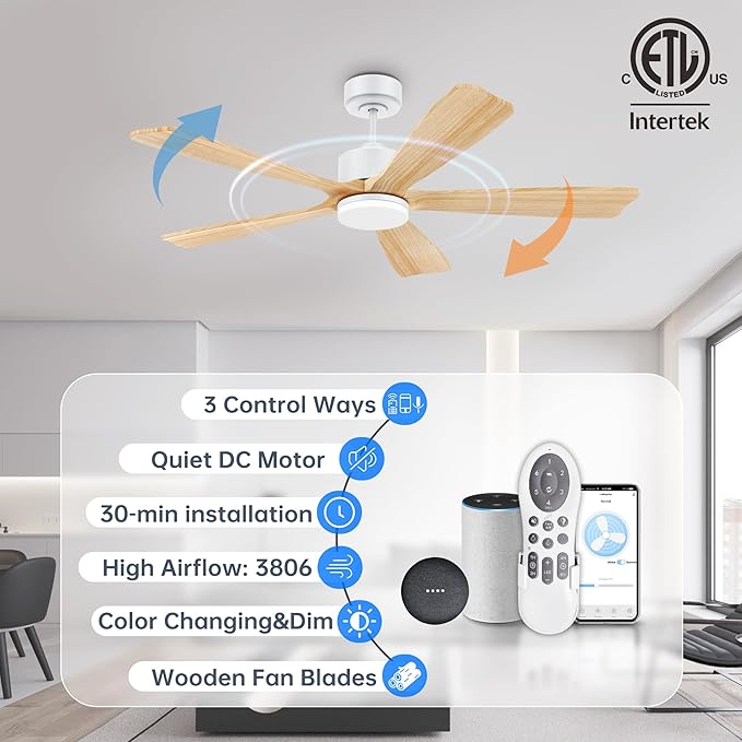 52 Inch Smart Ceiling Fan with Lights, Alexa/Google Voice Control, Quiet DC Motor, 6-Speed, Solid Wood Blades, Dimmable LED, 1-12H Timer, App & Remote Control, Modern Ceiling Fan for Bedroom, Patio