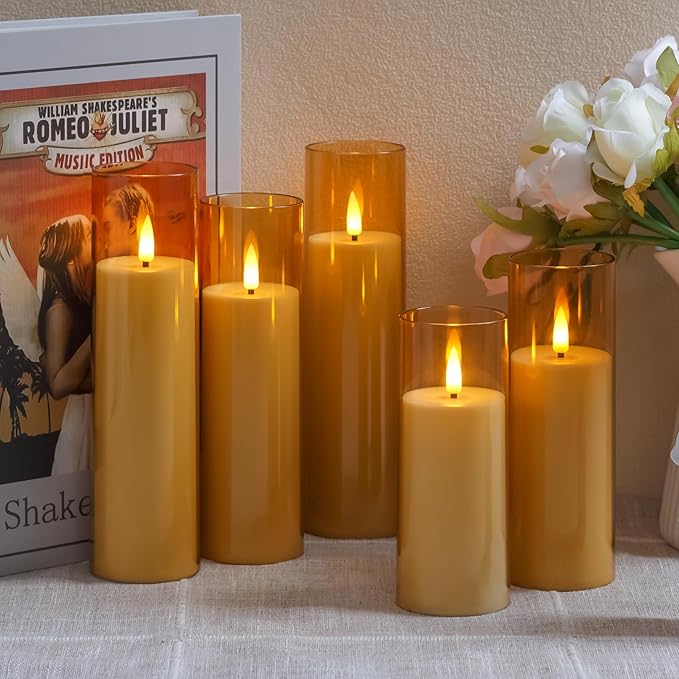 Acrylic Flameless Flickering Candles with Remote Control and Timer, Battery Operated LED Fake 2.2" x 5",6",7",8",8" Plastic Pillar Candles for Home Decor(Long-Lasting, Gold)