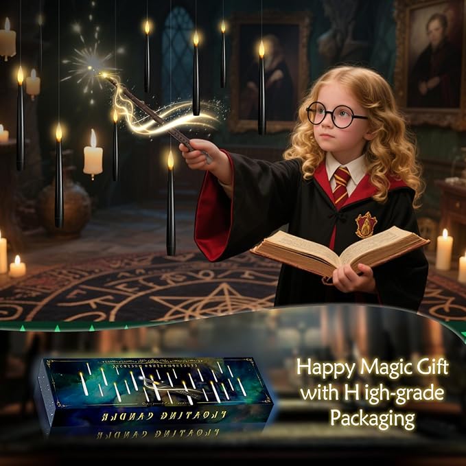 Flameless Floating Candles with Wand，20 Pcs Magic LED Hanging Taper Candles，Flickering Battery Operated Taper Candle with Wand Remote for Halloween Decorations Best Gift(Black)