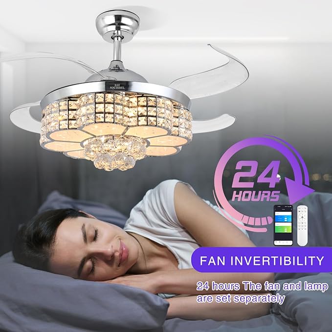 BAYSQUIRREL 42-inch Retractable Ceiling Fan with Light and Remote/APP Control, Bluetooth Ceiling Fans with Speaker, RGB-LED Light 6 Speeds Reversible Blades,Flush Mount Chandelier Crystal Ceiling Fan