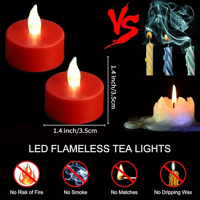 Hanzim LED Tea Lights Candles- 50PACK Red Flameless Candles Realistic and Bright Flickering Long Lasting 200Hours for Holiday Celebration,Party, Home Decoration,Battery Operated