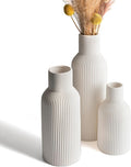 White Ceramic Vases Set of 3 - Modern Matte Ribbed Vases for Pampas Grass & Dried Flowers - Minimalist Decorative Centerpieces for Living Room, Shelf, Entryway & Wedding