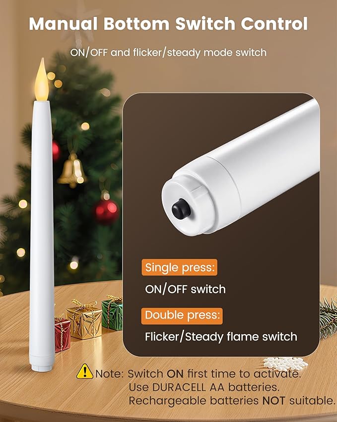 SURAIELEC 10.5'' Battery Window Candles with Suction Cups, Dusk-to-Dawn Window Candles, 3000K Warm White, Flameless LED Candle for Indoor Xmas Windows, 6 Pack (Rechargeable Battery Not Compatible)