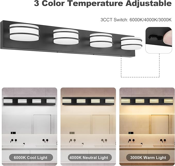 3 Color Temperature Dimmable Bathroom Light Fixtures Over Mirror, LED Black 4 Light Vanity Lighting Fixtures, Acrylic Stainless Steel Oval Shade Vanity Lights for Bathroom, ETL Certificated