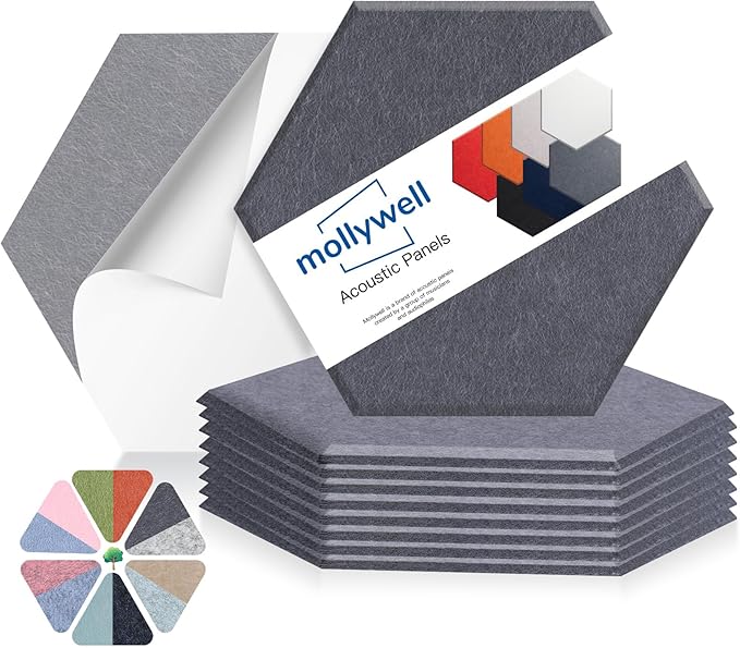 Mollywell Hexagon Acoustic Panels 14x12 - Reduce Echo & Reverb, Noise Blocking Wall Tiles for Recording Studio & Home Office, Moon Gray Sound Absorbing Panels