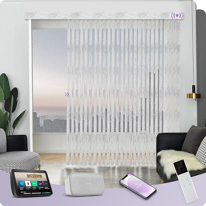 Graywind Motorized Vertical Blinds Compatible with Alexa Google Privacy Reversible Blackout Smart Vertical Blind Remote Control Track Slats Set for Home Office(Dimout Streamline Gray)