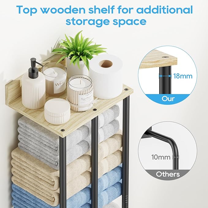 Towel Racks for Bathroom Wall Mounted, 3 Bar Wall Towel Rack for Rolled Towels, Metal Towel Holder with Wooden Shelf, Sturdy and Large Capacity, Towel Storage Organizer