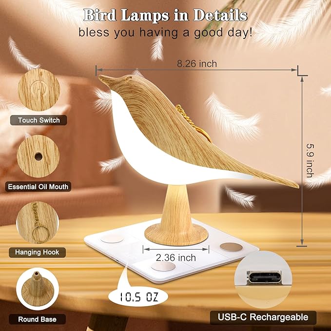 Small Cordless Bird Lamp, Touch Night Light with 3 Color Temperature/Dimmer Brightness/Touch Sensor/Aroma Diffuser, Rechargeable Battery Hummingbird Lamp for Kids, Bedside, Small Place (1Pack)