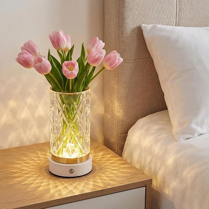 Crystal Table Lamp, Portable LED Bedside Lamp Touch Control, 3 Color Modes Dimmable, USB Rechargeable Night Light, Water Cup Design for Bedroom Living Room Home Decor